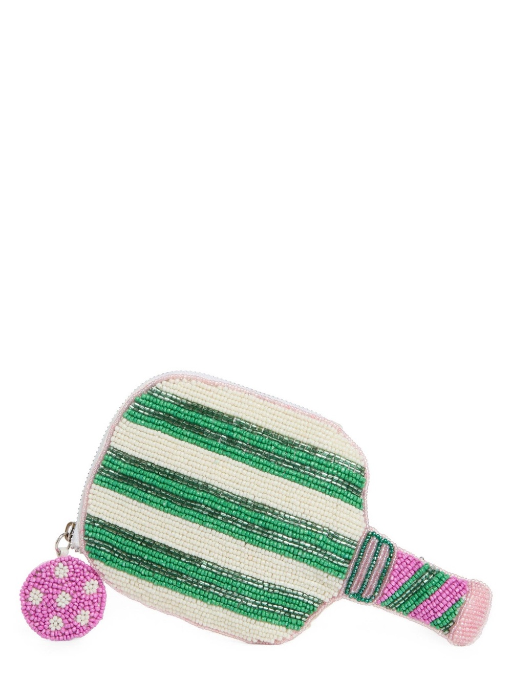 Striped Green & White Beaded Wristlet Clutch with Pink Charm